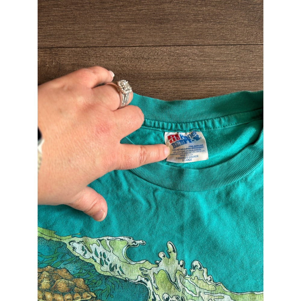 Vintage 1993 Nature Graphics Sea Turtle T-Shirt Teal Hanes Beefy-T XL Harlequin - Picture 4 of 7